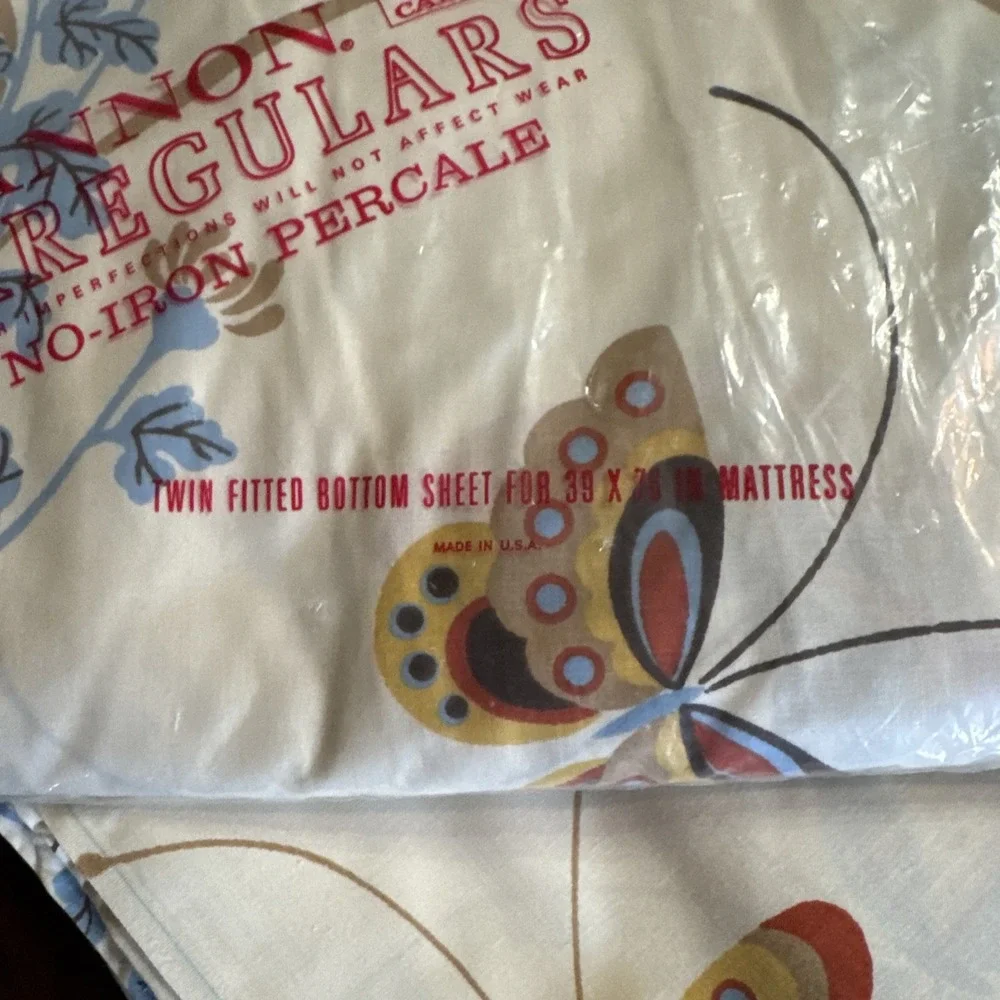 Vintage‎ 70s Cannon Sheets Butterfly Almond TWIN Size Flat Fitted New Dahlia
